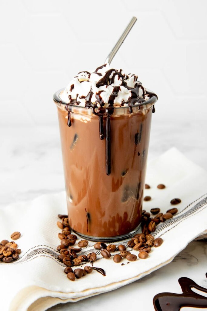 Iced mocha coffee with toppings