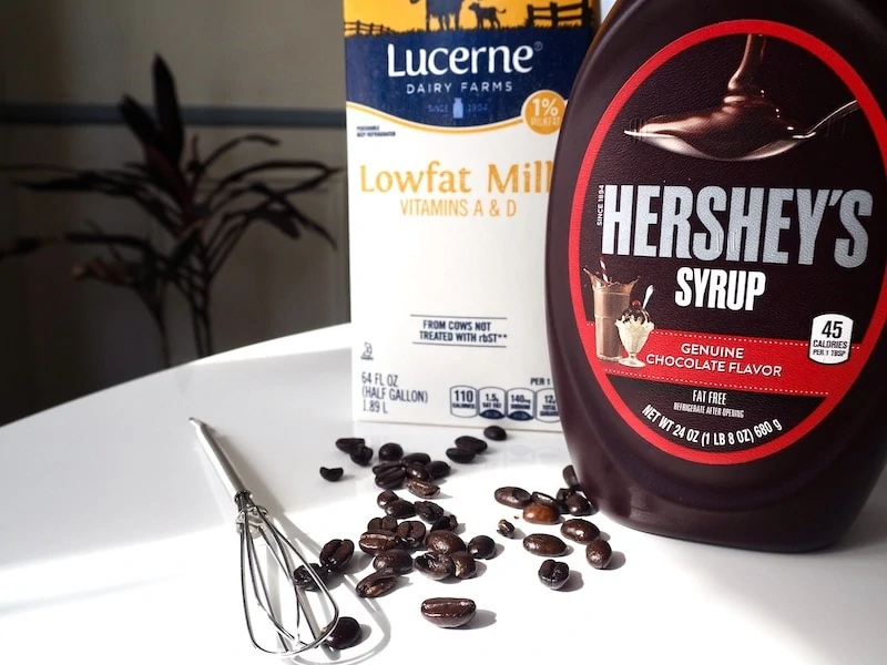 Iced mocha ingredients on a table