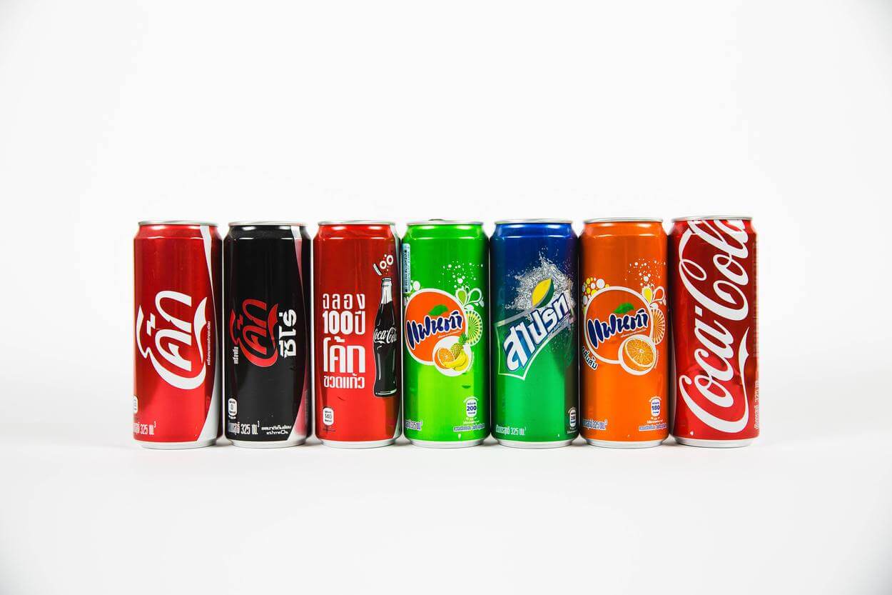 Different cans of soda.