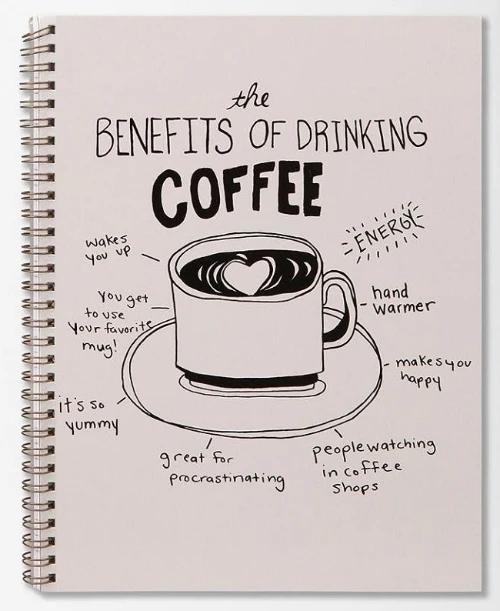 The eight benefits of drinking coffee on a notepad