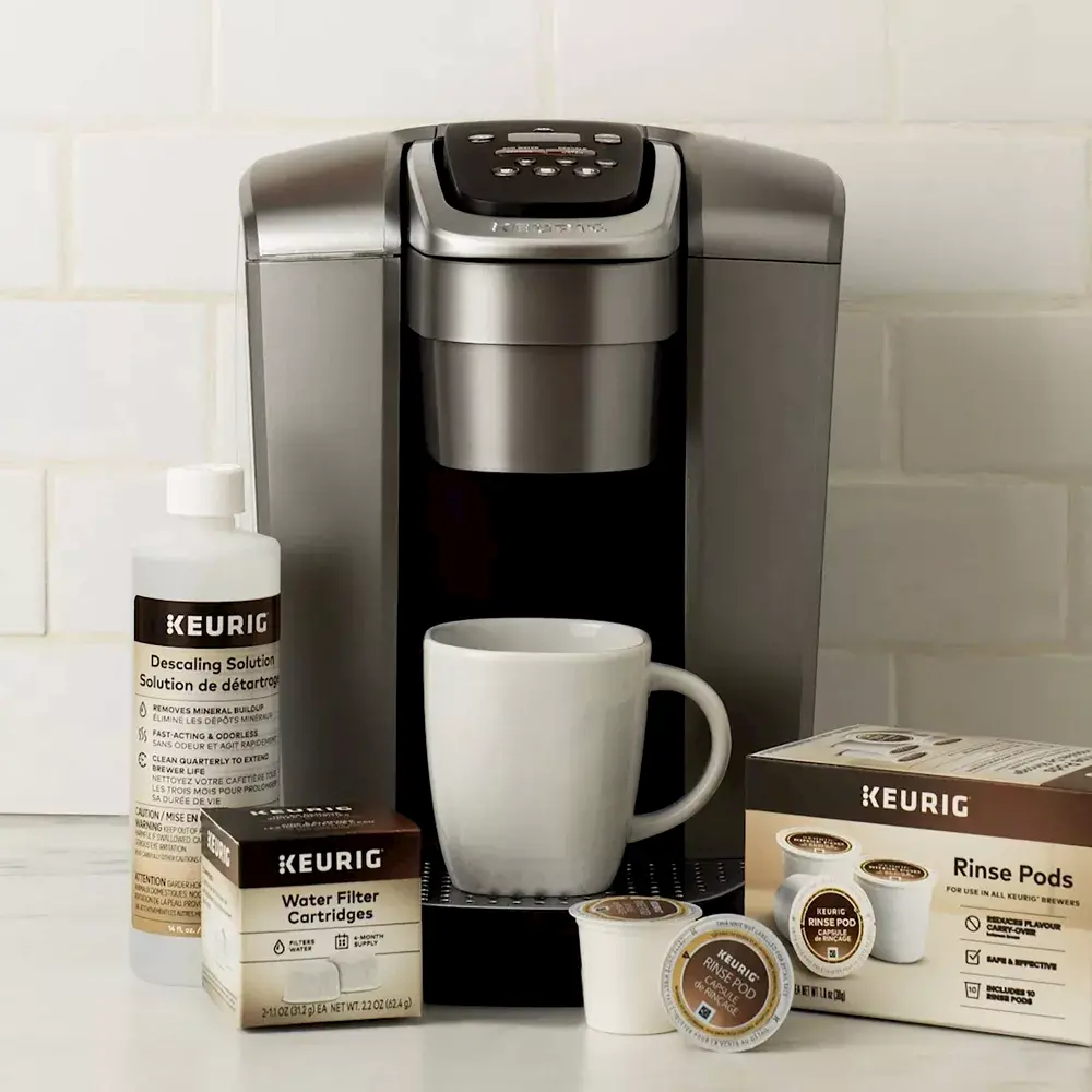 Keurig machine with rinse pods and water filter cartridges