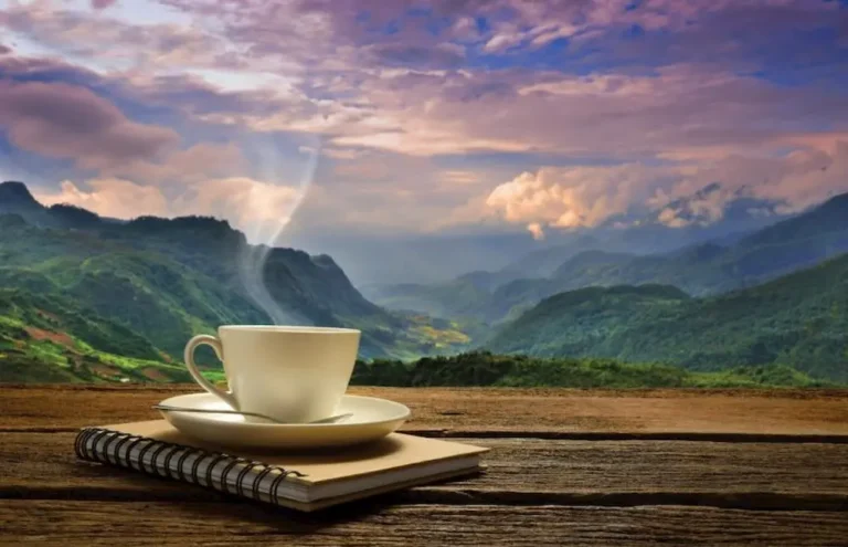 coffee with a hawaii volcanic landscape view